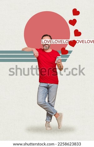 Composite minimal template photo collage of satisfied man beard hold smartphone dating app love story on distance isolated over drawing background