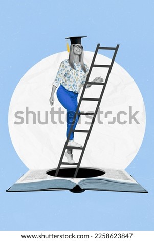 Creative metaphor collage banner of female lady climb ladder up from book get wisdom educational knowledge