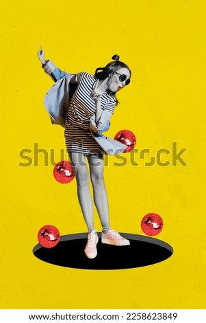 Creative photo 3d collage artwork poster postcard of crazy beautiful lady jumping falling down deep hole isolated on painting background