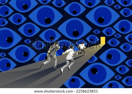 3d retro artwork template collage of three running man escaping darkness door lightness many big eyes spying superintend supervision Royalty-Free Stock Photo #2258623851