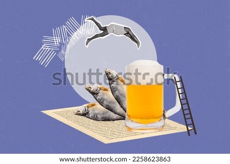 Creative photo collage illustration of funny carefree man on vacation jumping in cup of beer with fish isolated on blue color background