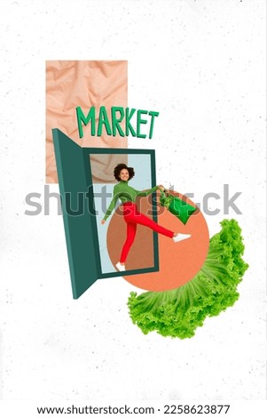 3d retro abstract creative artwork template collage of smiling charming lady walking veggy market isolated painting background