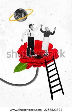 Vertical creative collage image of dancing energetic cheerful grandparents dating red gerbera moonlight climb ladder retro vintage culture