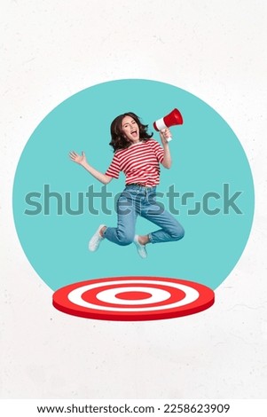 Creative collage 3d artwork photo of youngster activist woman against jumping target goal scream megaphone announce isolated on white background