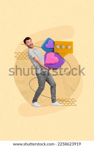 Creative photo collage magazine poster picture of funky glad man hold social media likes instagram facebook isolated on drawing background