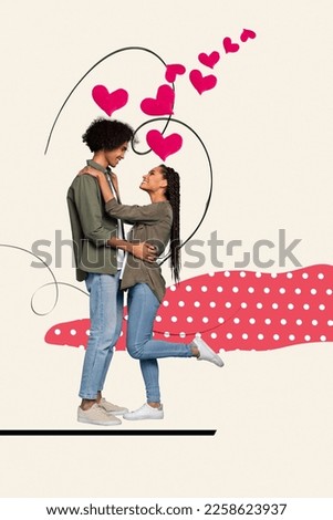Composite photo collage of two young positive lovely people hugs thinking about their feelings honeymoon together isolated on painted background