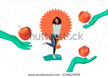 Photo collage artwork minimal picture of carefree happy lady choosing market best apples isolated drawing background