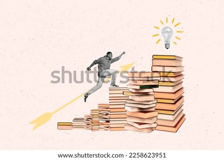 Creative trend collage of running up ambitious energetic student guy book reader electric bulb brilliant idea progress success sketch Royalty-Free Stock Photo #2258623951