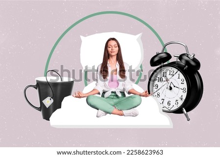 Creative collage image of calm focused mini girl sit bed meditate big bell ring clock tea cup isolated on painted background