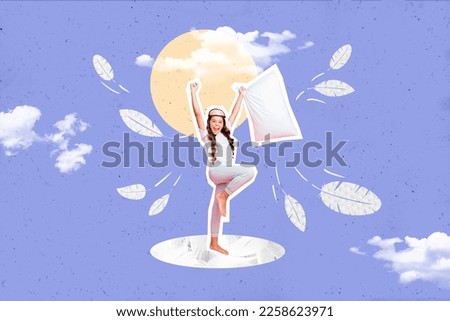 Creative collage image of overjoyed positive girl hand hold pillow raise fist flying feather isolated on full moon clouds sky background