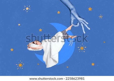 Creative collage image of young sweet sleeping woman arm pulling leg try wake up moon night sky blanket weird freak bizarre unusual
