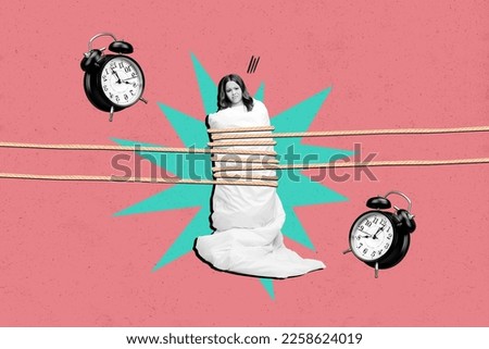 Creative collage picture of little black white colors girl tied blanket strings big bell ring clocks isolated on painted background