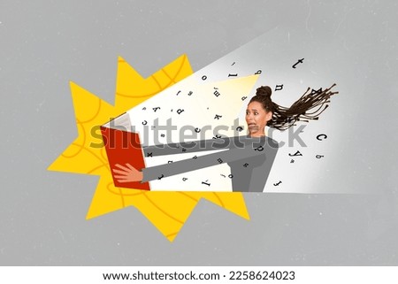 Creative trend collage of shocked young woman holding book scream flying letters light ray inspiration knowledge power sketch artwork