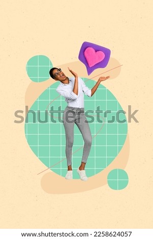 Photo 3d collage magazine poster postcard picture of funky girlfriend hold social media like heart isolated on painting background