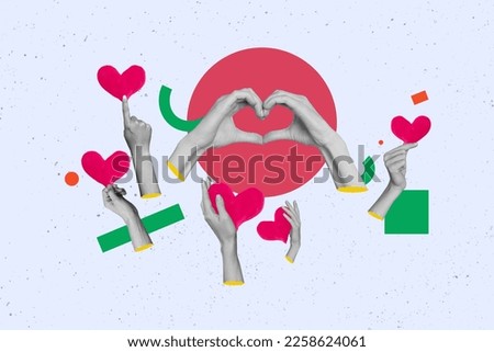 Creative photo designed composition collage of fingers demonstrate love symbol togetherness hold postcard valentine day isolated on grey background