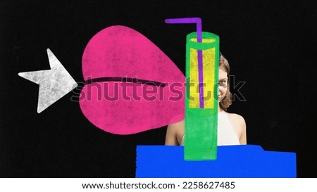 Contemporary art collage. Doodles. Young girl and champagne over black background. Emotions, leisure time. Concept of party, surrealism, drawn elements, inspiration. Colorful design