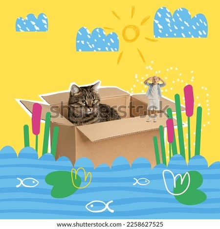 Creative contemporary art collage. Cat and boy, child in box pretending to be sailing on river. Travelling together. Concept of childhood, emotions, happiness, pets, domestic animals
