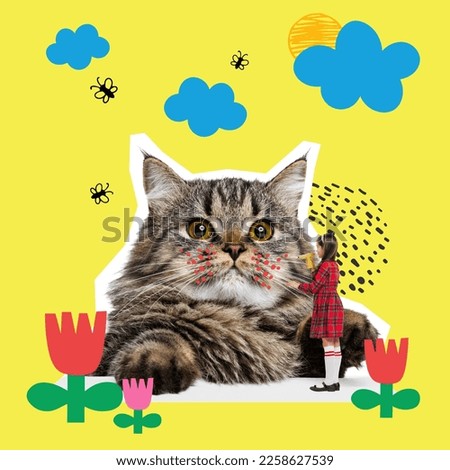 Creative contemporary art collage. Little girl, child playing with domestic cat over yellow Background. Spa salon. Concept of childhood, emotions, happiness, pets, domestic animals