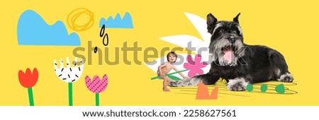 Creative contemporary art collage. Little kid, toddler playing fit calm dog on yellow background. Summertime mood. Concept of childhood, emotions, happiness, pets, domestic animals, dreams