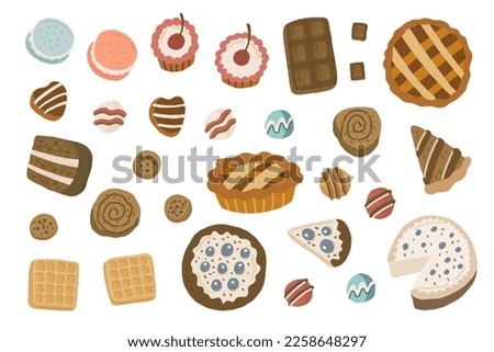 Cartoon cakes bakery set. Delicious desserts, pies, candies, chocolate, waffles, pastries, cupcakes. Vector illustrations isolated on white background