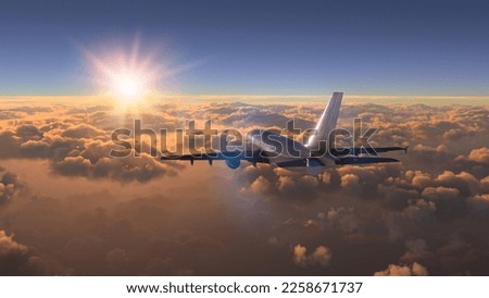 Commercial plane flying over the amazing sunset Royalty-Free Stock Photo #2258671737