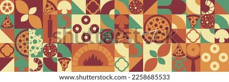 Mid-century modern style Italian pepperoni pizza banner ads, flyer with symbols of ingredients and elements on geometric background. Creative simple Bauhaus style with geometric shapes. Vector icons.