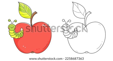 Red apple with caterpillar coloring book with coloring example for kids. Coloring page with apple and worm. Monochrome and color version. Vector children's illustration.