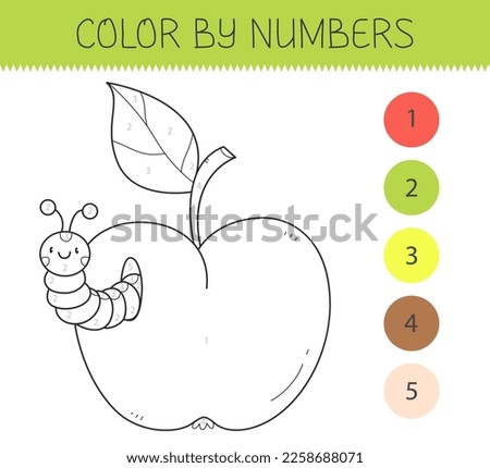 Color by numbers coloring book for kids with an apple and caterpillar. Coloring page with cute cartoon apple with worm. Monochrome black and white. Vector illustration.