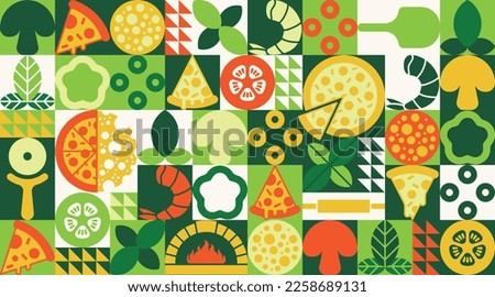 Healthy organic Italian pepperoni pizza food banner ads, flyer with symbols of ingredients and elements on geometric background. Creative simple Bauhaus style with geometric shapes. Vector icons. Royalty-Free Stock Photo #2258689131