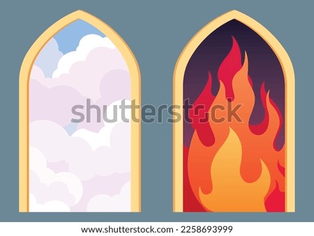Flat design illustration of the gates of Heaven and Hell. Royalty-Free Stock Photo #2258693999
