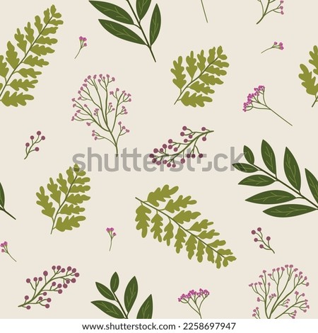 Simple floral seamless pattern with flowers and leaves. Fern and bay leaf botanical pattern on beige background. Floral texture for textile and wall design. Hand draw vector illustration