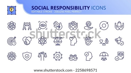 Line icons about corporate social responsibility. Contains such icons as core values, transparency, impact, ethical business and trust. Editable stroke Vector 256x256 pixel perfect Royalty-Free Stock Photo #2258698571
