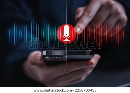 Recording voice sound on laptop. Icon recording sound on laptop virtual screen hologram technology theme, mix sound, sound engineer, recording wave. Royalty-Free Stock Photo #2258709435