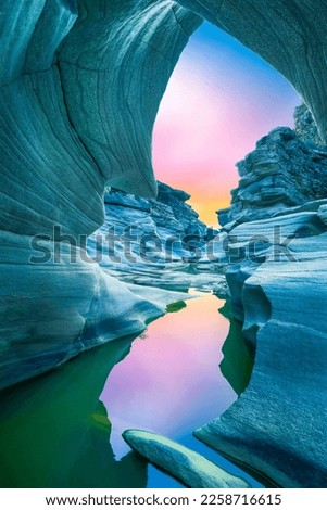Beautiful nature landscape in blue canyon. Colorful nature background scenery at sunset. The reflection of summer colors in the travel in nature. Natural water with stunning scenic in mountain valley.
