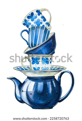 Vintage teapot  with cups design. Watercolor blue kettle and old mugs illustration. Retro kitchenware clipart. Antique  tea pot.