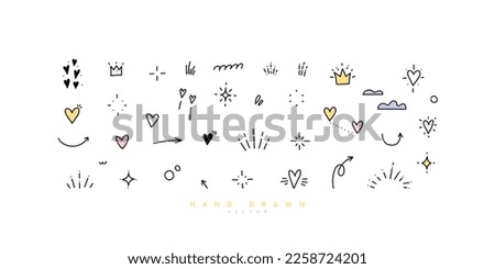 Doodle illustrations set. Cute hand drawn lements of doodles, stars, sparkles, hearts, decorations, frames, speech bubbles, arrows.
