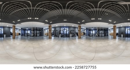 full seamless spherical hdri 360 panorama in interior empty square in hall of IT company among the corridors with brick columns in equirectangular projection Royalty-Free Stock Photo #2258727755
