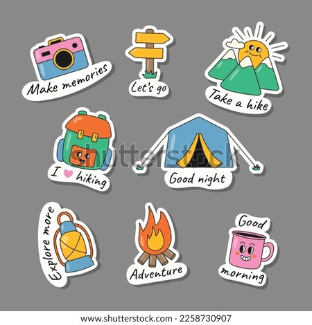 Summer hiking sticker set. Vector illustration