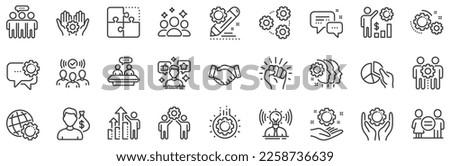 Business strategy, handshake and people collaboration. Employees benefits line icons. Teamwork, social responsibility, people relationship icons. Growth chart, employees benefits. Vector Royalty-Free Stock Photo #2258736639