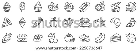 Vegetables, Fruits and Sweet Desserts icons. Food line icons. Potato slices, corn and fresh carrot. Strawberry, Apple and Orange. Cake, Ice cream and Cupcake icon. Pizza, burger and hotdog. Vector Royalty-Free Stock Photo #2258736647