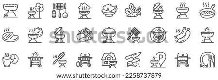 Salmon meat steak, Bbq smoker and Fire cooking set. Grill line icons. Gas-fueled grill, hot pan and barbecue sausage icons. Grilled beef steak meat, roasted food and fish grilling basket. Vector Royalty-Free Stock Photo #2258737879