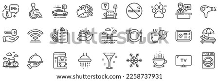Wi-Fi, Air conditioning and Coffee maker machine. Hotel service line icons. Spa stones, swimming pool and bike rental icons. Hotel parking, safe and shower. Food, coffee cup. Vector Royalty-Free Stock Photo #2258737931