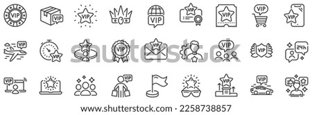 Casino chips, very important person, delivery parcel. Vip line icons. Certificate, player table, vip buyer icons. Crown, casino ticket, business class flight. Membership privilege. Vector Royalty-Free Stock Photo #2258738857