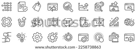 Website stats, Target and Increase sales signs. Seo line icons. Traffic management, social network and seo optimization icons. Gear wheel, Search engine and increase mobile sales. Vector Royalty-Free Stock Photo #2258738863