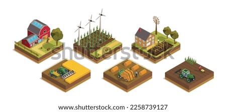 Farm islands set. Collection of graphic elements for website. Harvest, natural products. Village area and rural countryside. Cartoon isometric vector illustrations isolated on white background Royalty-Free Stock Photo #2258739127