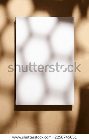 White canvas, blank picture mockup hanging on beige wall with dark shadows of geometric pattern. Poster mockup, empty canvas with with a shadow in the form of hexagons, front view