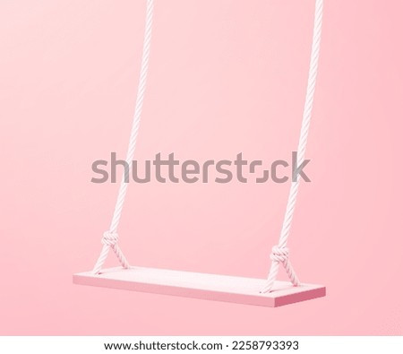 3D illustration of hanging wooden swing with rope isolated on light pink background Royalty-Free Stock Photo #2258793393