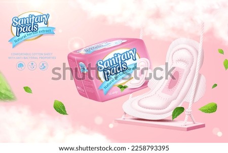 3D illustration of sanitary pad surrounded with fresh herbal leaves and mist on light pink swing. Concept of pads with natural herbal extract and anti-bacterial properties Royalty-Free Stock Photo #2258793395
