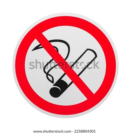 Photo of round sign smoking is forbidden in isolation on white background. Crossed-out cigarette..