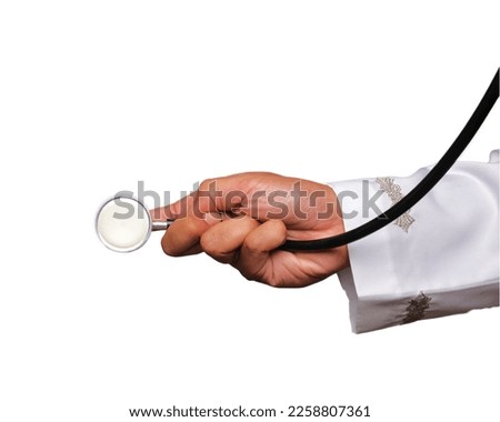 A picture of doctor hand holding stethoscope on white background.